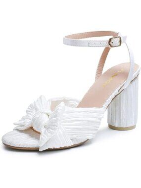 🆕Women White Ankle Strap Bowknot Chunky Wedding Party Dress Shoes Heeled Sandal